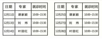 徐州市三院名醫(yī)館譚家穎、劉煒、葉麗紅12月份坐診安排